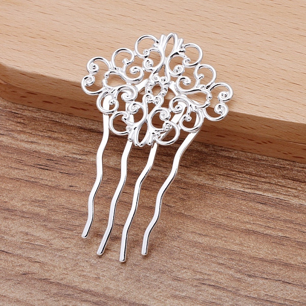 

PandaHall Iron Hair Comb Findings, with Filigree Brass Flower, Silver, 58x37mm Iron