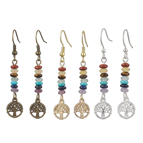 

PandaHall 3 Pairs 3 Color Natural & Synthetic Mixed Gemstone Disc Beaded Dangle Earrings, Tree of Life Alloy Long Drop Earrings, Mixed Color...