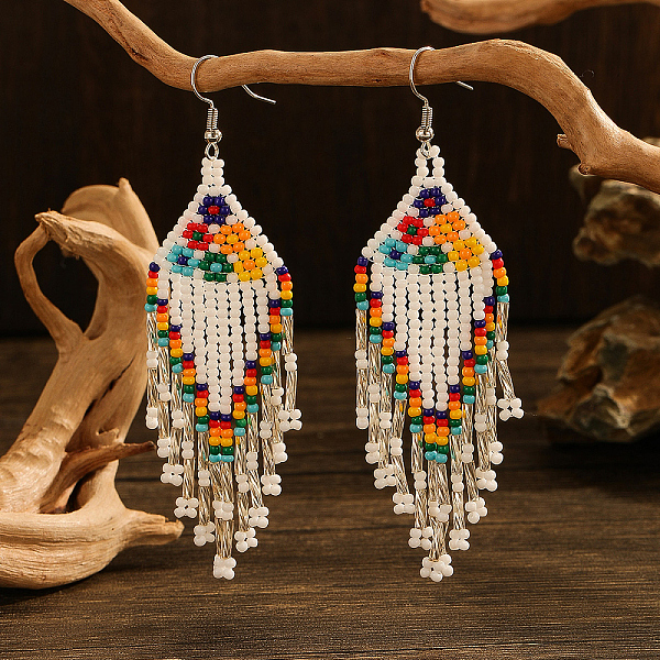 

PandaHall Bohemian Style Handmade Earrings with Glass Beads and Tassels, Flower, for Women, Multi Colours Glass Others