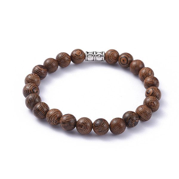 

PandaHall Wood Beads Stretch Bracelets, with Tibetan Style Alloy Tube Bails, Round, 2-1/4 inch(5.8cm), Beads: 8~8.5mm Wood