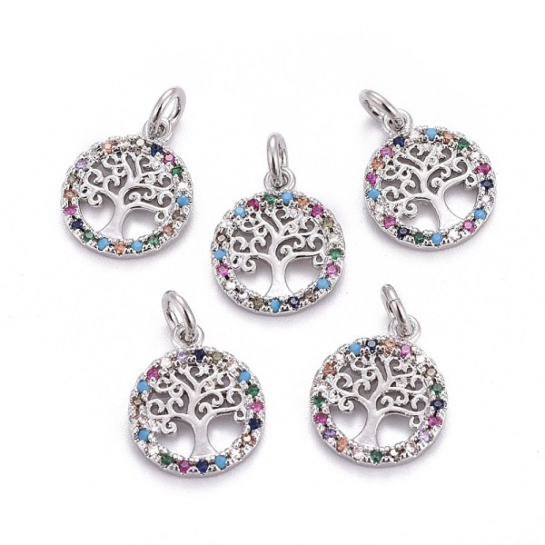 

PandaHall Brass Micro Pave Cubic Zirconia Charms, with Jump Rings, Flat Round with Tree of Life, Colorful, Platinum, 14.5x12x1.5mm, Hole...