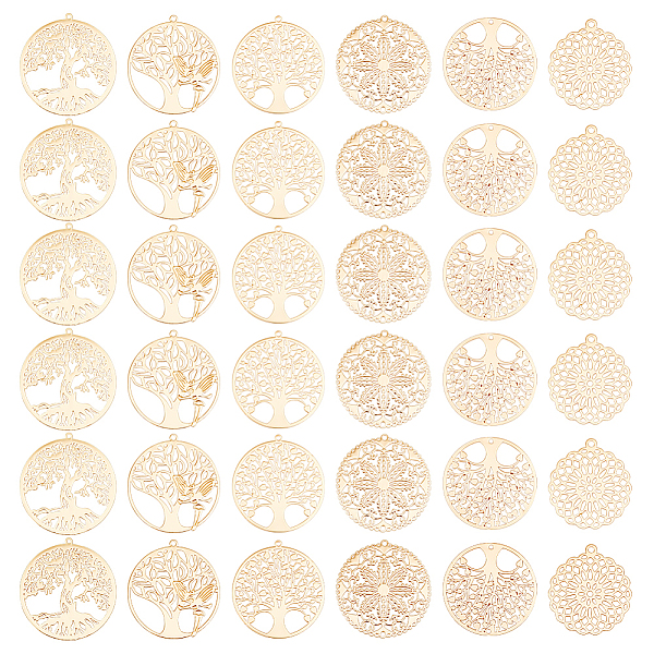 

PandaHall 36Pcs 6 Style Brass Pendants, Etched Metal Embellishments, Flat Round with Tree of Life & Flower, Light Gold...