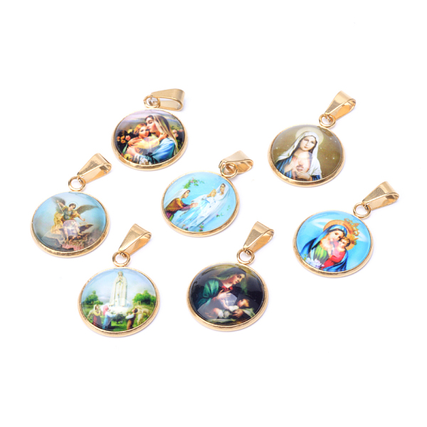 

PandaHall Virgin Mary Theme Glass Pendants, with 201 Stainless Steel Findings, Flat Round, Golden, Mixed Color, 26.5x22x6.5mm, Hole: 6x4mm..., Multicolor