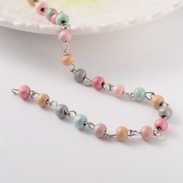 

PandaHall Round Handmade Wood Beaded Chains, Unwelded, with Brass Findings, Silver Color Plated, 6x5mm, about 95pcs/strand, 39.3 inch Wood