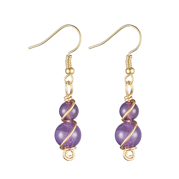 

PandaHall Natural Amethyst Dangle Earrings, with Copper Wire and Golden Plated Brass Earring Hooks, Round, 43mm, Pin: 0.8mm Amethyst