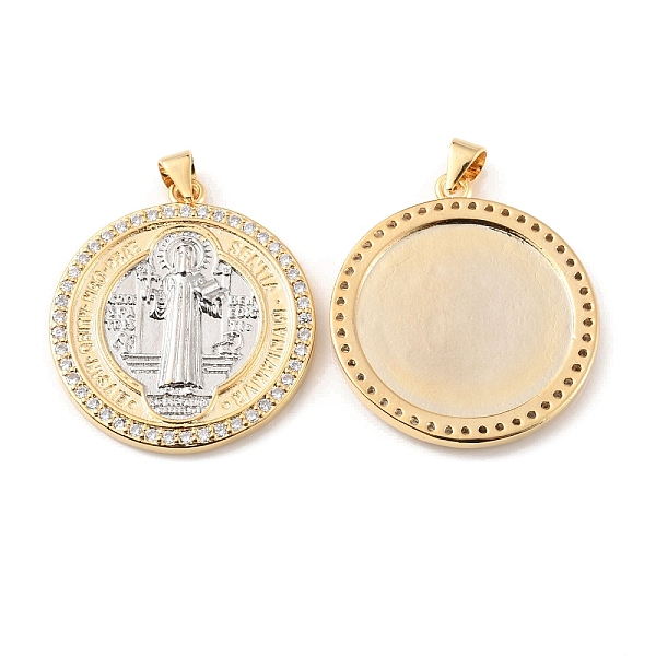 

PandaHall Rack Plating Brass Micro Pave Cubic Zirconia Pendants, Cadmium Free & Lead Free, Long-Lasting Plated, Flat Round with Saint..., Clear