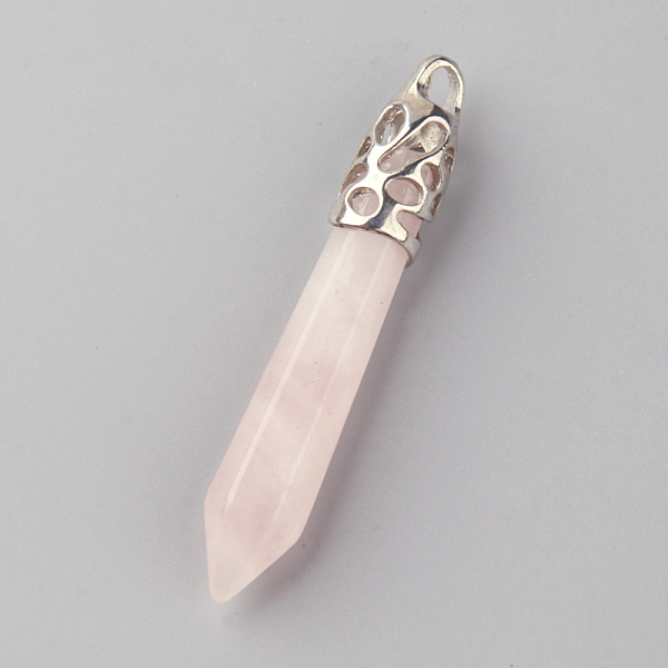 

PandaHall Natural Rose Quartz Big Pendants, with Alloy Findings, Platinum, 60~70x11x11mm, Hole: 4mm Rose Quartz Others