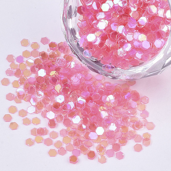

PandaHall Ornament Accessories, PVC Plastic Paillette/Sequins Beads, AB Color Plated, Hexagon, Hot Pink, 2.5x2.8x0.4mm, about 21000pcs/500g...