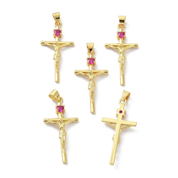 

PandaHall Brass Cubic Zirconia Pendants, Long-Lasting Plated, Lead Free & Cadmium Free, Real 18K Gold Plated, Cross with Jesus, Hot Pink...
