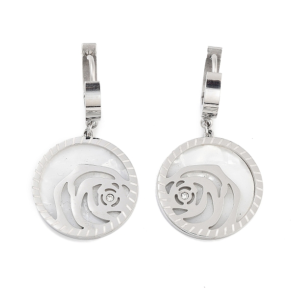 

PandaHall Flat Round with Rose 304 Stainless Steel Shell Dangle Earrings, Rhinestone Hoop Earrings for Women, Stainless Steel Color, 36x20mm..., Clear