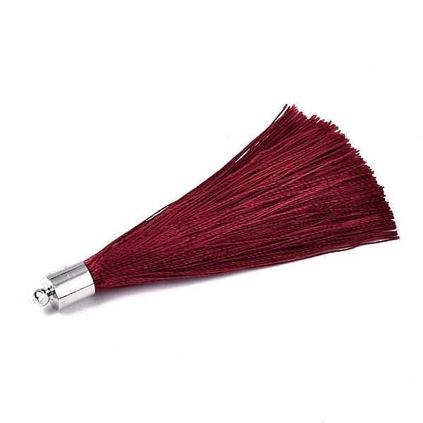 

PandaHall Fiber Tassel Big Pendant Decorations, with Platinum Plated Brass Finding, Indian Red, 70~73x7~25mm, Hole: 1.8mm Fibre