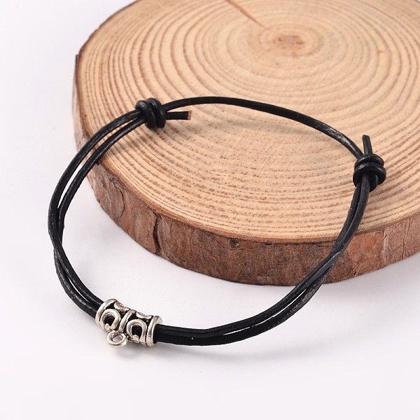 

PandaHall Adjustable Cowhide Leather Cord Bracelets, with Alloy Findings, Antique Silver, Black, 55mm Leather Black