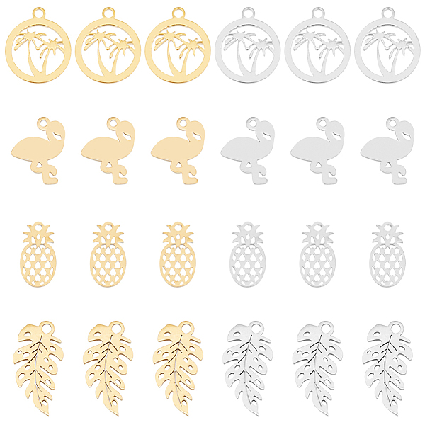 PandaHall DICOSMETIC 32Pcs 4 Styles Tropical Charms 2 Colors Pineapple Charms Cute Flamingo Pendants Hawaii Ring with Coconut Tree Charms...