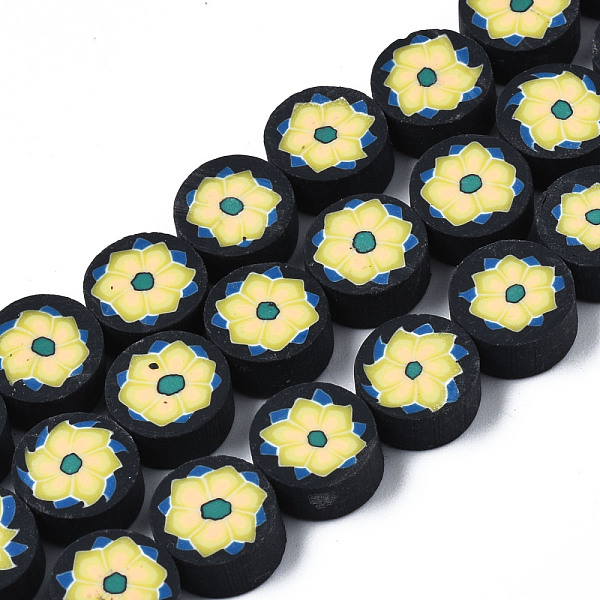 

PandaHall Handmade Polymer Clay Beads Strands, Flat Round with Flower, Champagne Yellow, 10x5mm, Hole: 1.6mm, about 40~41pcs/strand, 14.76...