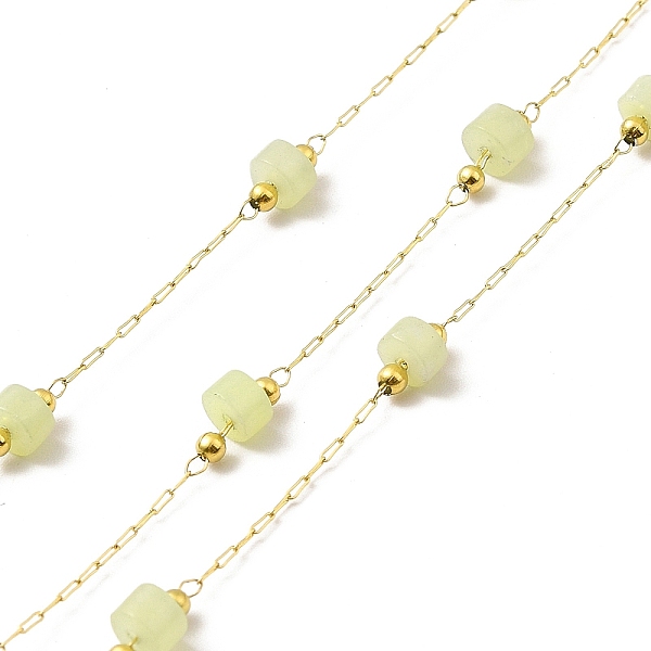 

PandaHall Ion Plating(IP) 316 Surgical Stainless Steel Paperclip Chains, with Natural New Jade Column Beads, Soldered, Real 18K Gold Plated...