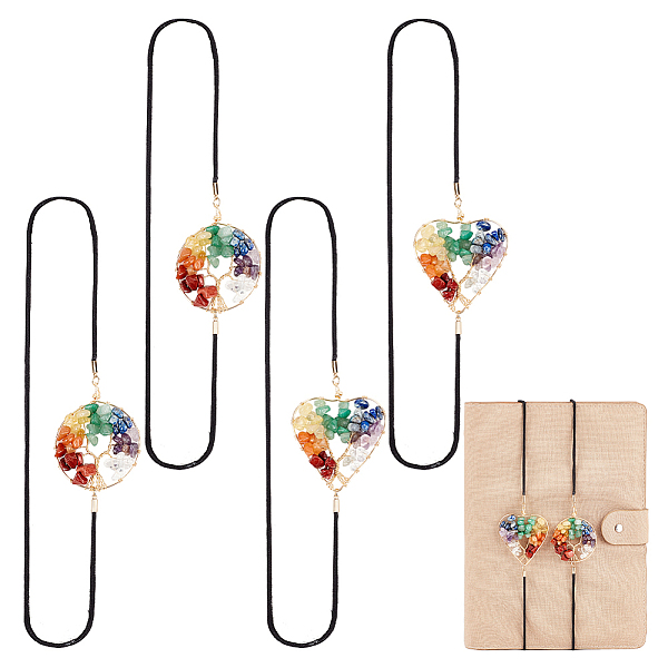 PandaHall AHADEMAKER 4Pcs 2 Style Elastic Bookmarks, Tree of Life Tumbled Natural Gemstone Beaded Book Marker, Mixed Shapes, 325x2mm...