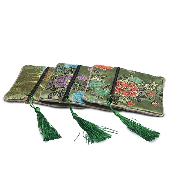 

PandaHall Floral Print Polyester Jewelry Storage Zipper Pouches, with Tassels, Square, Olive Drab, 12x12cm Polyester Square