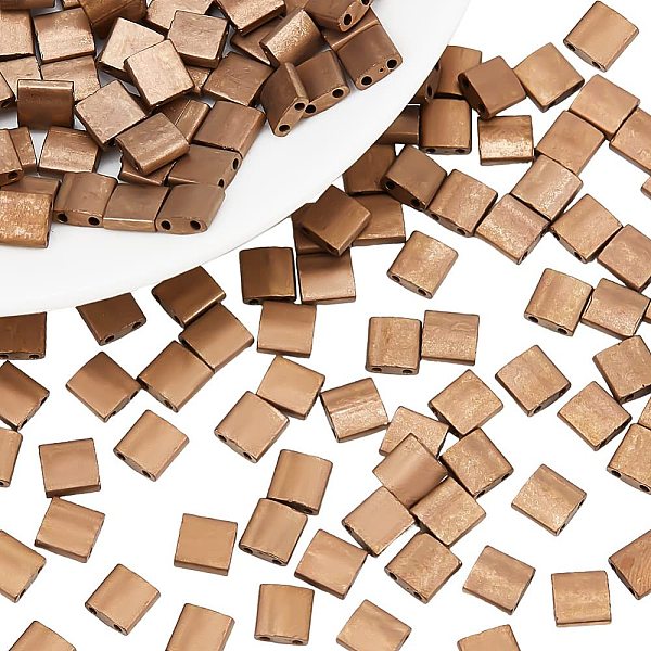 

PandaHall About 156 Pcs Metallic Tila Beads, 5x5mm 2-Hole Matte Glass Seed Beads Rectangle Mini Beads Japanese Glass Beads for Bracelet..., Brown