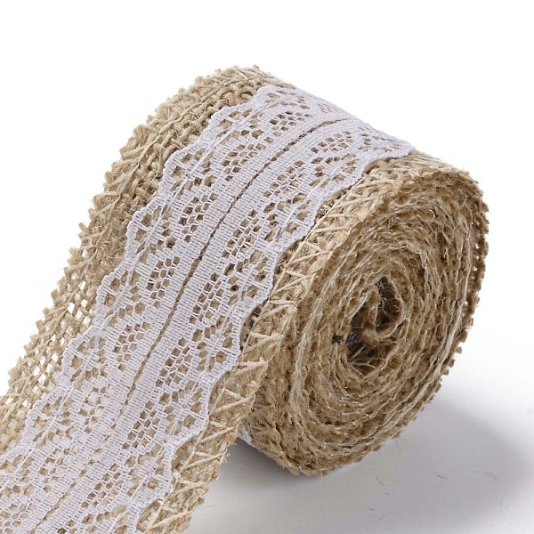 

PandaHall Burlap Ribbon, Hessian Ribbon, Jute Ribbon, with Lace, for Jewelry Making, White, 1-1/2 inch(38mm), about 2m/roll Jute White