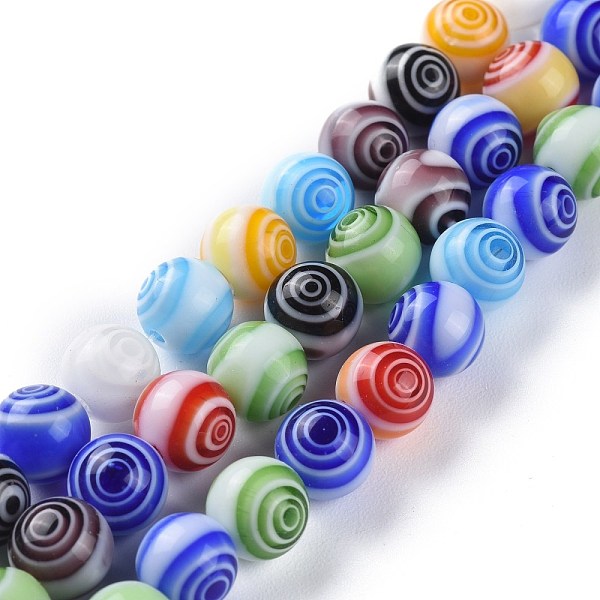 

PandaHall Handmade Lampwork Beads Strands, Round with Swirl, Colorful, 8mm, Hole: 1mm, about 48pcs/Strand, 14.37''(36.5cm) Lampwork Round