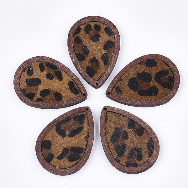 PandaHall Eco-Friendly Cowhide Leather Pendants, with Dyed Wood, teardrop, with Leopard Print, Chocolate, 46x32.5x4mm, Hole: 1.2mm Leather...