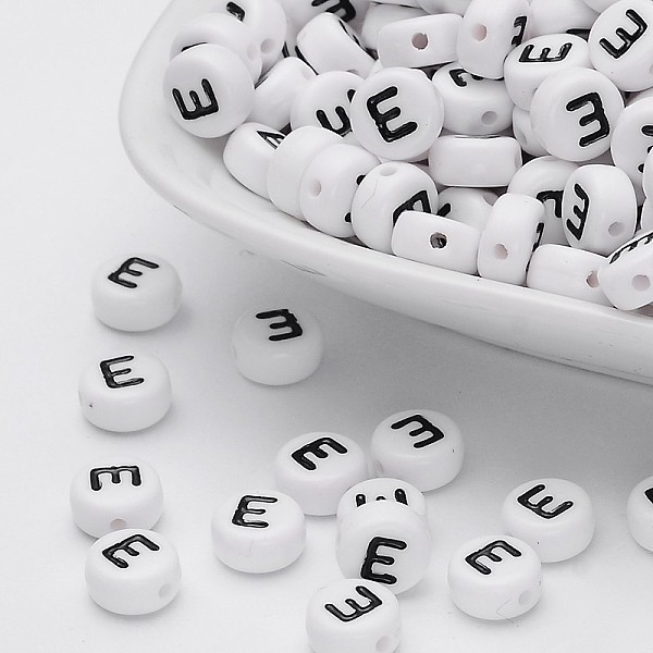 

PandaHall Acrylic Beads, with Horizontal Hole, Letter, Flat Round, Letter.E, 7x4mm, Hole: 1mm, about 3500pcs/500g Acrylic Letter E White