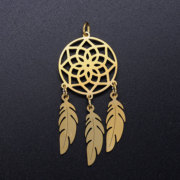 

PandaHall 201 Stainless Steel Pendants, with Jump Rings, Woven Net/Web with Feather, Golden, 46x20x1mm, Hole: 3mm, Ring: 5x0.8mm 201...