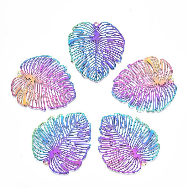 

PandaHall Ion Plating(IP) 201 Stainless Steel Filigree Big Pendants, Etched Metal Embellishments, Leaf, Rainbow Color, 50x45x0.3mm, Hole...