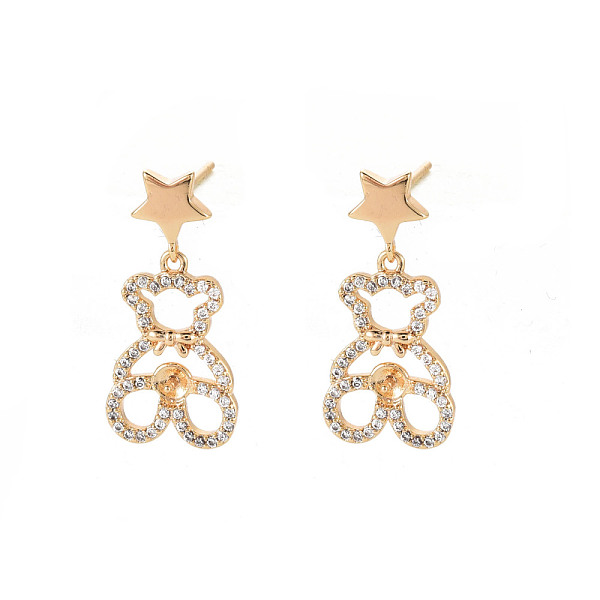 

PandaHall Brass Micro Pave Clear Cubic Zirconia Stud Earring Findings, for Half Drilled Beads, Nickel Free, Bear, Real 18K Gold Plated...