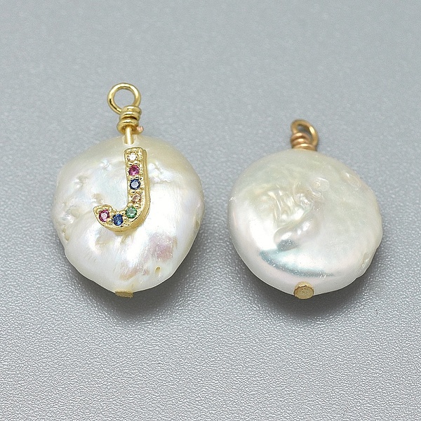 

PandaHall Natural Cultured Freshwater Pearl Pendants, with Brass Micro Pave Cubic Zirconia Findings, Flat Round with Letter, Colorful...
