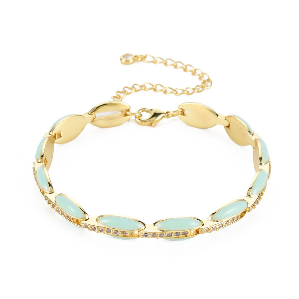 

PandaHall Brass Micro Pave Cubic Zirconia Link Chain Bracelet for Women, Enamel Oval Bracelets, Nickel Free, Real 18K Gold Plated, Aqua..., Cyan