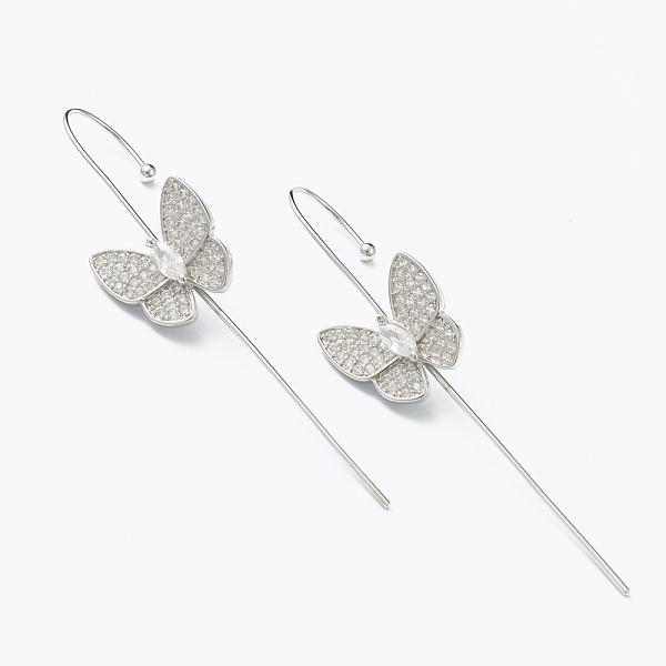 

PandaHall Brass Micro Pave Clear Cubic Zirconia Ear Wrap Crawler Hook Earrings, Butterfly, Platinum, 56x13.5mm, Pin: 1mm Brass Clear