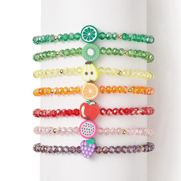 

PandaHall 7Pcs 7 Style Glass Beaded Stretch Bracelets Set, Lemon & Kiwi & Pear & Apple & Pitaya & Orange Polymer Clay Stackable Bracelets..., Multicolor