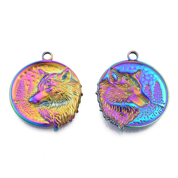 

PandaHall Ion Plating(IP) 201 Stainless Steel Pendants, Flat Round with Wolf, Rainbow Color, 30x25.5x3mm, Hole: 2.5mm 201 Stainless Steel...