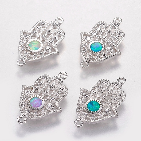 

PandaHall Brass Links connectors, with Synthetic Opal, Hamsa Hand/Hand of Fatima/Hand of Miriam, Platinum, Mixed Color, 20x13x2mm, Hole: 1mm..., Multicolor
