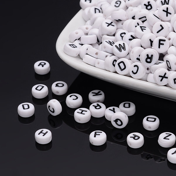 Acrylic Horizontal Hole Letter Beads, Mixed Letters, Flat Round, Random Mixed Letters, 7x4mm, Hole: 1mm, about 3500pcs/500g