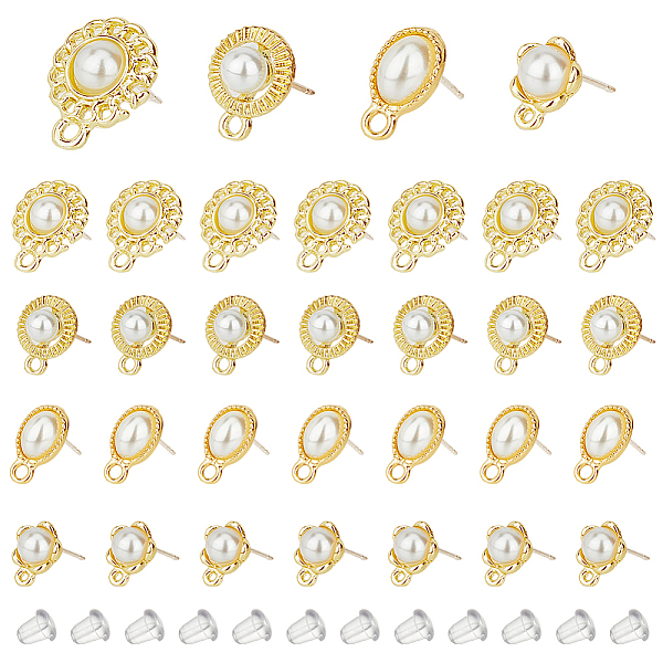 PandaHall DICOSMETIC 32Pcs 4 Styles Pearl Earring Studs Half Ball Ear Stud Alloy Earring Posts with Loop Gold Plated Ear Pad Base Posts with...