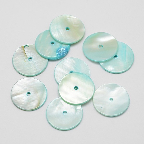 

PandaHall Dyed Natural Shell Beads, Disc/Flat Round, Heishi Beads, Light Cyan, 20x2mm, Hole: 2mm Other Sea Shell Disc Cyan