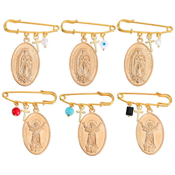 

PandaHall 6Pcs 6 Style Religion Virgin Mary Alloy Charm Brooches, Iron Kilt Pins, Golden, 60mm, 1pc/style Iron Human