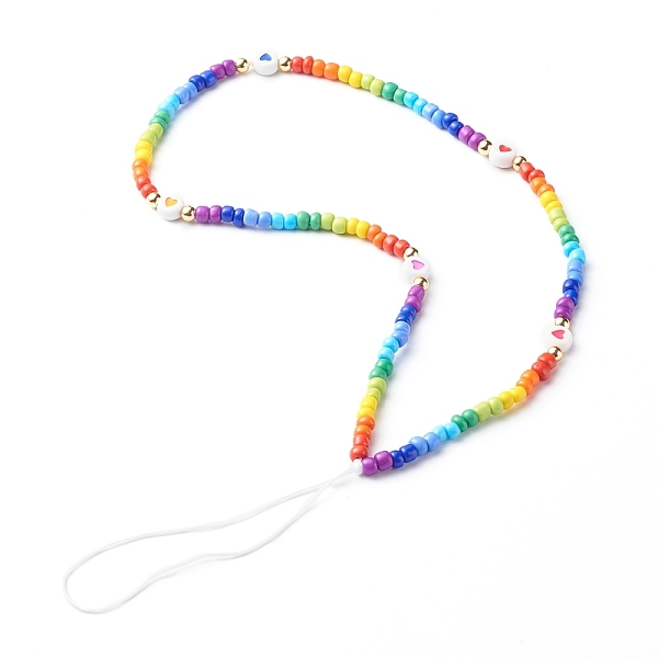 

PandaHall Glass Seed Beads Beaded Mobile Straps, with Brass Beads, Opaque Acrylic Beads and Braided Nylon Thread, Flat Round with Heart...