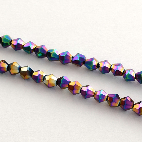 

PandaHall Electroplate Glass Bead Strands, Rainbow Plated, Faceted Bicone, Multi-color Plated, 3x3.5mm, Hole: 1mm, about 113~115pcs/strand...