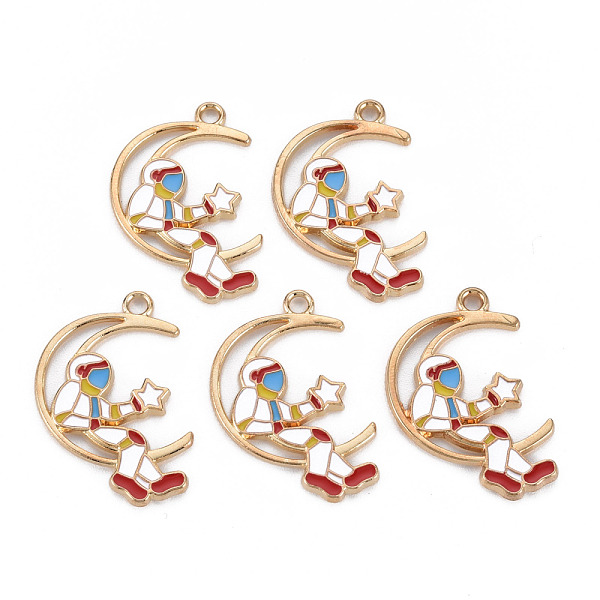

PandaHall Alloy Enamel Pendants, Cadmium Free & Nickel Free & Lead Free, Spaceman with Moon, Light Gold, Colorful, 28.5x19x1.5mm, Hole: 2mm..., White