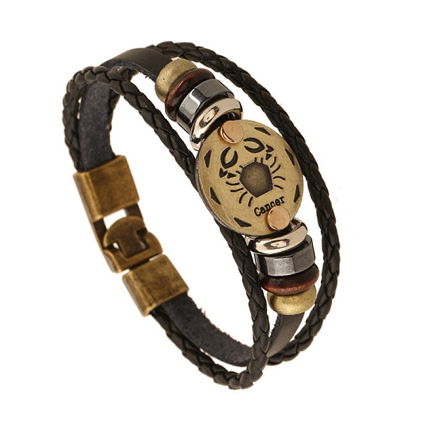 

PandaHall Braided Cowhide Cord Multi-Strand Bracelets, Constellation Bracelet for Men, with Wood Bead & Alloy Clasp, Cancer, 7-7/8~8-1/2..., Black
