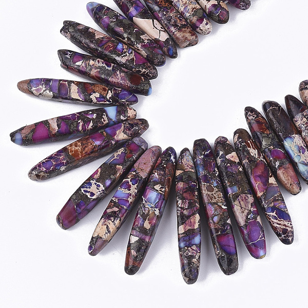 

PandaHall Synthetic Gold Line Imperial Jasper Beads Strands, Dyed, Graduated Strip, Purple, 18~46x4~8x6~9mm, Hole: 1mm, about...