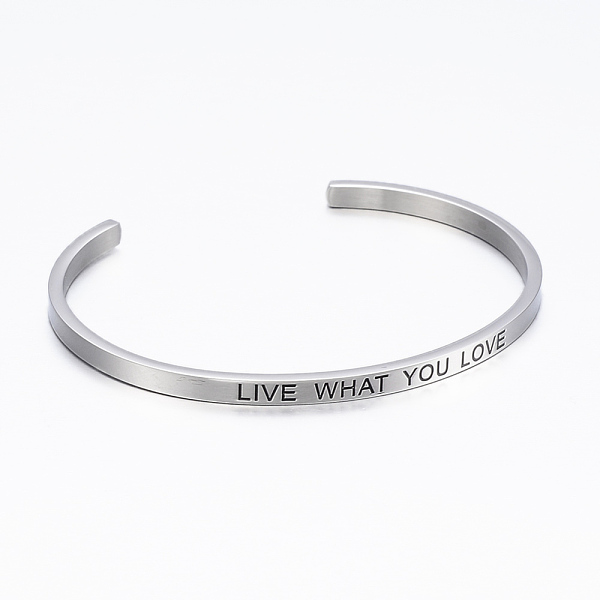 

PandaHall 304 Stainless Steel Cuff Bangles, with Enamel & Word Live What You Love, Stainless Steel Color, 2-1/2 inchx2 inch(62x52mm) 304...
