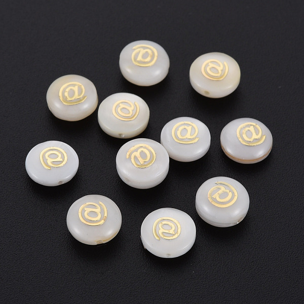 

PandaHall Natural Freshwater Shell Beads, with Golden Plated Brass Metal Embellishments, Flat Round with Mark @, Seashell Color, 8x4.5mm...