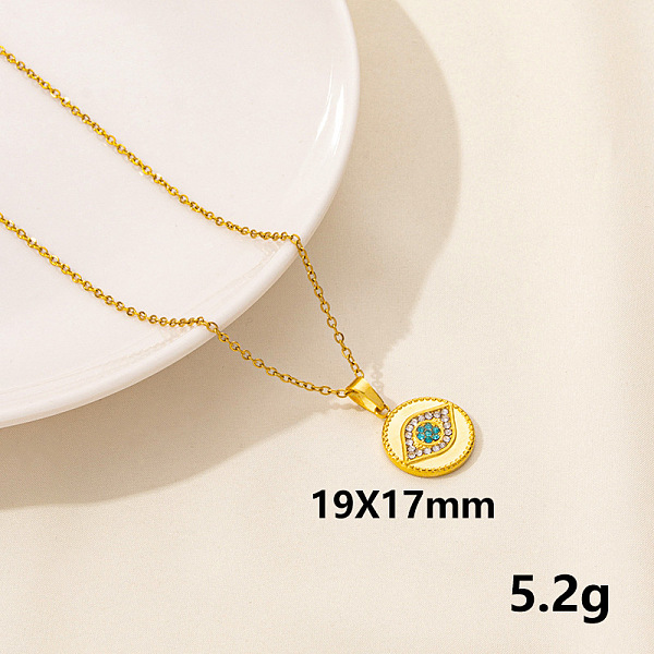 

PandaHall Stylish Stainless Steel Rhinestones Flat Round with Evil Eye Pendant Necklace, Hip-hop Street Fashion Stainless Steel Flat Round