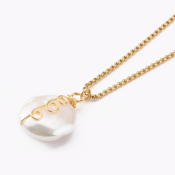 

PandaHall Natural Baroque Pearl Keshi Pearl Pendant Necklaces, with 304 Stainless Steel Venetian Chains, Flat Round, Golden, 15.98 inch...