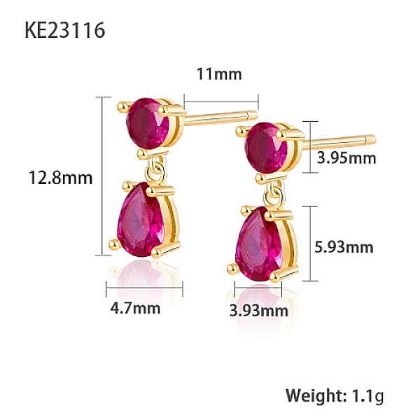 PandaHall Cubic Zirconia Teardrop Dangle Stud Earrings, Golden 925 Sterling Silver Earrings, Medium Violet Red, 12.8x3.93~4.7mm Cubic...