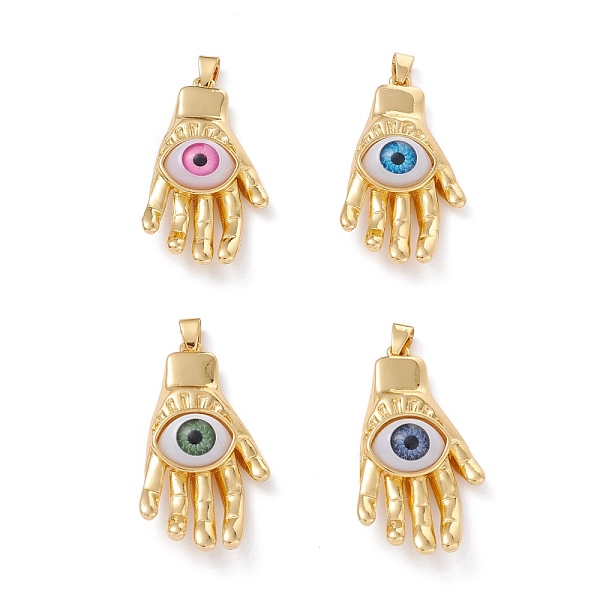 

PandaHall Brass Pendants, with Resin Cabochons, Long-Lasting Plated, Hand with Evil Eye, Real 18K Gold Plated, Mixed Color, 43x23x10mm, Hole..., Multicolor